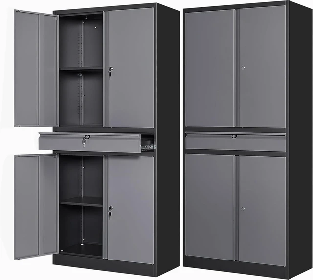 Main image of Metal Garage Storage Cabinet with Drawer,4 Door Tool Cabinet with Lock-2 Adjustable Shelves for Garage Home Office Utility Room (Black Grey)