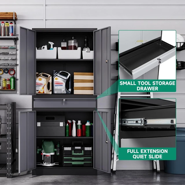 Alt view image 4 of 6 - Metal Garage Storage Cabinet with Drawer,4 Door Tool Cabinet with Lock-2 Adjustable Shelves for Garage Home Office Utility Room (Black Grey)