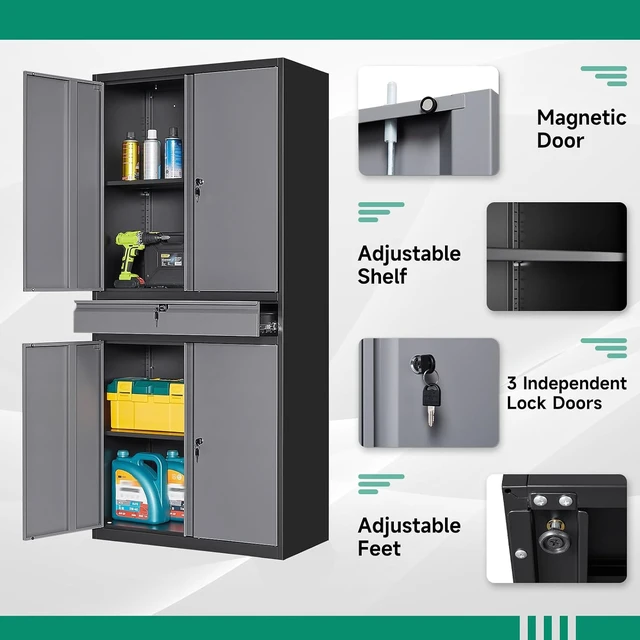 Alt view image 5 of 6 - Metal Garage Storage Cabinet with Drawer,4 Door Tool Cabinet with Lock-2 Adjustable Shelves for Garage Home Office Utility Room (Black Grey)