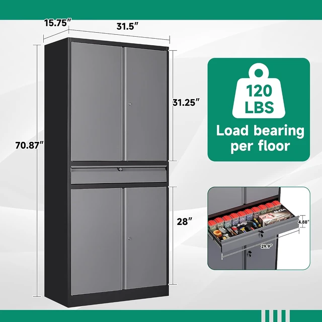 Alt view image 2 of 6 - Metal Garage Storage Cabinet with Drawer,4 Door Tool Cabinet with Lock-2 Adjustable Shelves for Garage Home Office Utility Room (Black Grey)