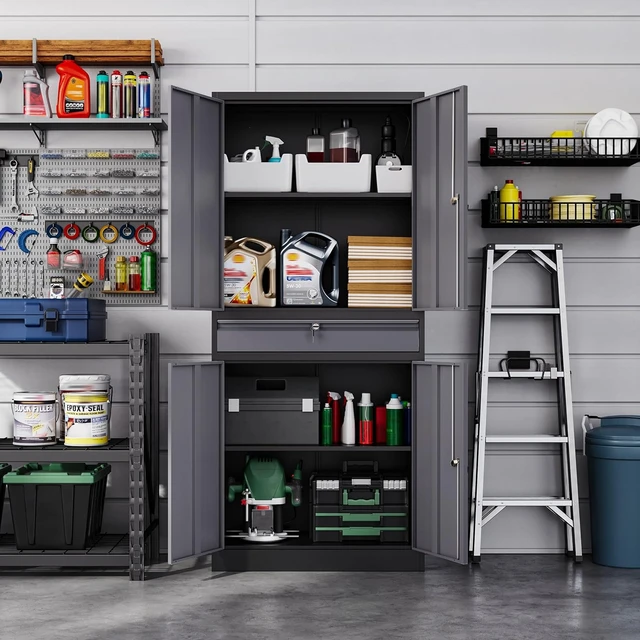 Alt view image 3 of 6 - Metal Garage Storage Cabinet with Drawer,4 Door Tool Cabinet with Lock-2 Adjustable Shelves for Garage Home Office Utility Room (Black Grey)