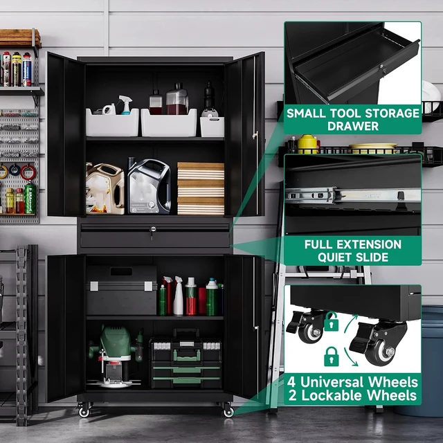 Alt view image 5 of 5 - Metal Garage Storage Cabinet with Wheels,Rolling Tool Cabinet with 4 Door Lock-Adjustable Shelves and 1 Drawer for Garage Home Office Utility Room (Black with Wheels)