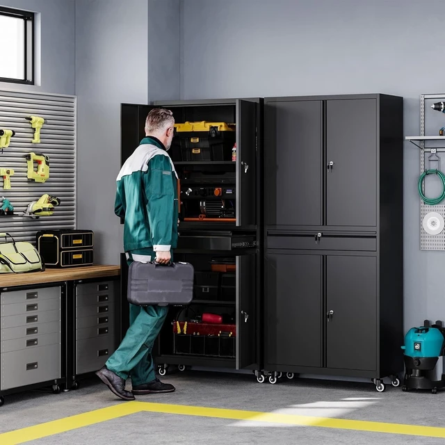 Alt view image 2 of 5 - Metal Garage Storage Cabinet with Wheels,Rolling Tool Cabinet with 4 Door Lock-Adjustable Shelves and 1 Drawer for Garage Home Office Utility Room (Black with Wheels)