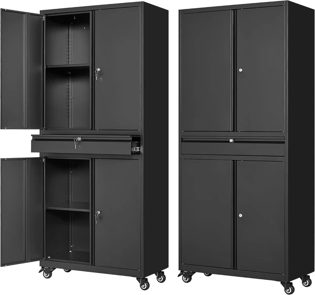 Main image of Metal Garage Storage Cabinet with Wheels,Rolling Tool Cabinet with 4 Door Lock-Adjustable Shelves and 1 Drawer for Garage Home Office Utility Room (Black with Wheels)