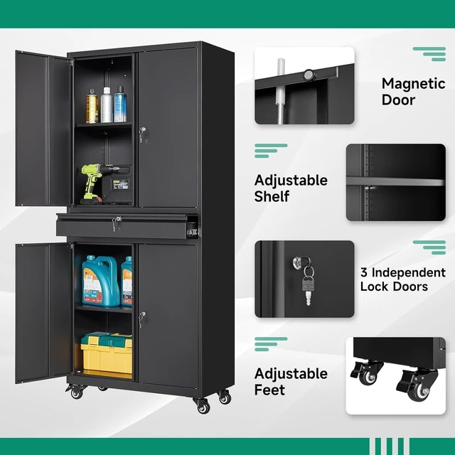 Alt view image 3 of 5 - Metal Garage Storage Cabinet with Wheels,Rolling Tool Cabinet with 4 Door Lock-Adjustable Shelves and 1 Drawer for Garage Home Office Utility Room (Black with Wheels)