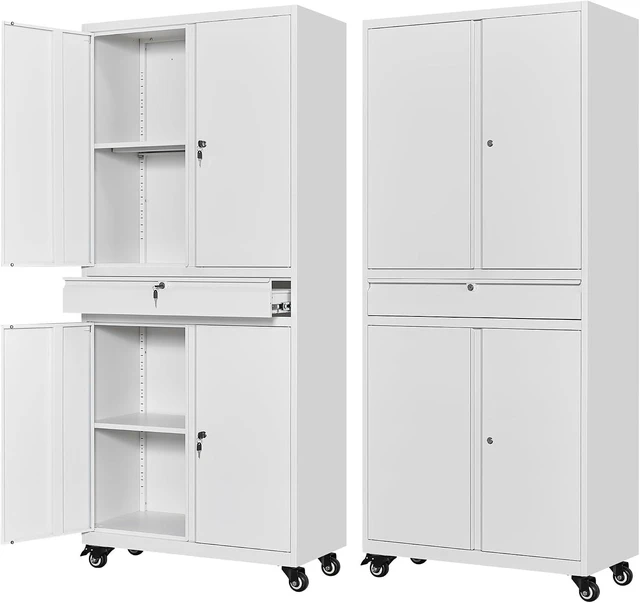 Main image of Metal Garage Storage Cabinet with Wheels,Rolling Tool Cabinet with 4 Door Lock-Adjustable Shelves and 1 Drawer for Garage Home Office Utility Room (White with Wheels)