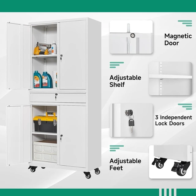 Alt view image 5 of 5 - Metal Garage Storage Cabinet with Wheels,Rolling Tool Cabinet with 4 Door Lock-Adjustable Shelves and 1 Drawer for Garage Home Office Utility Room (White with Wheels)