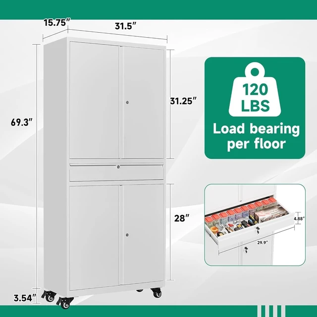 Alt view image 3 of 5 - Metal Garage Storage Cabinet with Wheels,Rolling Tool Cabinet with 4 Door Lock-Adjustable Shelves and 1 Drawer for Garage Home Office Utility Room (White with Wheels)