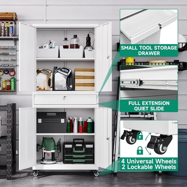 Alt view image 2 of 5 - Metal Garage Storage Cabinet with Wheels,Rolling Tool Cabinet with 4 Door Lock-Adjustable Shelves and 1 Drawer for Garage Home Office Utility Room (White with Wheels)