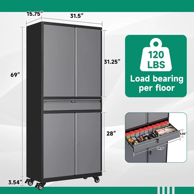 Alt view image 4 of 5 - Metal Garage Storage Cabinet with Wheels,Rolling Tool Cabinet with 4 Door Lock-Adjustable Shelves and 1 Drawer for Garage Home Office Utility Room (Black Grey with Wheels)