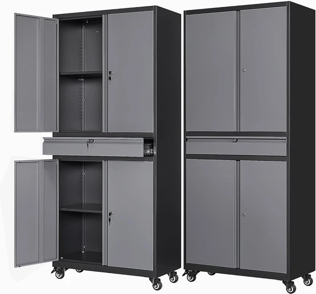 Main image of Metal Garage Storage Cabinet with Wheels,Rolling Tool Cabinet with 4 Door Lock-Adjustable Shelves and 1 Drawer for Garage Home Office Utility Room (Black Grey with Wheels)