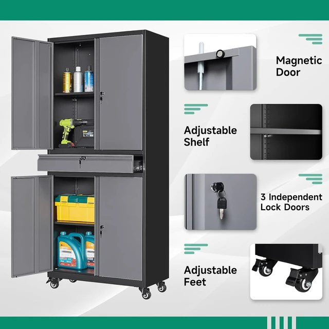Alt view image 2 of 5 - Metal Garage Storage Cabinet with Wheels,Rolling Tool Cabinet with 4 Door Lock-Adjustable Shelves and 1 Drawer for Garage Home Office Utility Room (Black Grey with Wheels)