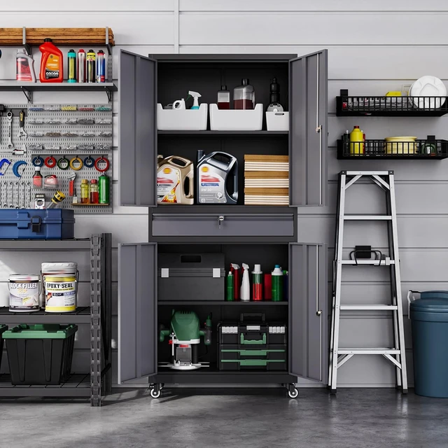 Alt view image 5 of 5 - Metal Garage Storage Cabinet with Wheels,Rolling Tool Cabinet with 4 Door Lock-Adjustable Shelves and 1 Drawer for Garage Home Office Utility Room (Black Grey with Wheels)