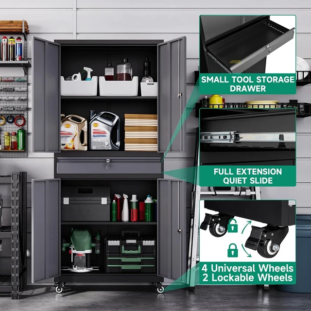 Alt view image 3 of 5 - Metal Garage Storage Cabinet with Wheels,Rolling Tool Cabinet with 4 Door Lock-Adjustable Shelves and 1 Drawer for Garage Home Office Utility Room (Black Grey with Wheels)