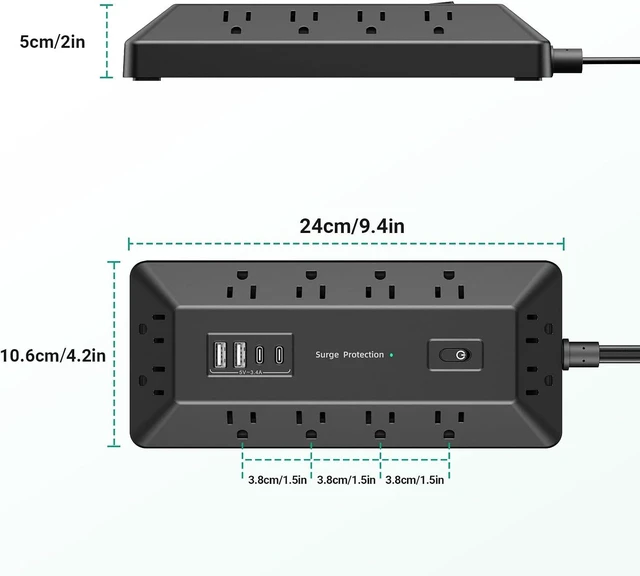 Alt view image 4 of 7 - T-Shaped Anti-Clash Surge Protector Power Strip, 12 AC + 4 USB Ports (2 USB-C PD 20W), Flat Plug 6FT Extension Cord, 1800J, Built-in Device Stand for Home Office Gaming Dorm