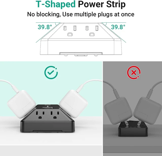 Alt view image 5 of 7 - T-Shaped Anti-Clash Surge Protector Power Strip, 12 AC + 4 USB Ports (2 USB-C PD 20W), Flat Plug 6FT Extension Cord, 1800J, Built-in Device Stand for Home Office Gaming Dorm