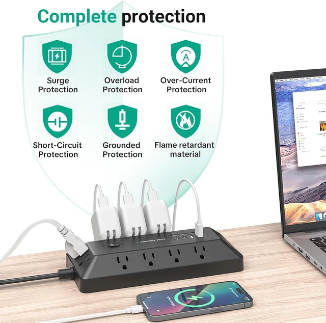 Alt view image 7 of 7 - T-Shaped Anti-Clash Surge Protector Power Strip, 12 AC + 4 USB Ports (2 USB-C PD 20W), Flat Plug 6FT Extension Cord, 1800J, Built-in Device Stand for Home Office Gaming Dorm