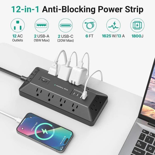 Alt view image 3 of 7 - T-Shaped Anti-Clash Surge Protector Power Strip, 12 AC + 4 USB Ports (2 USB-C PD 20W), Flat Plug 6FT Extension Cord, 1800J, Built-in Device Stand for Home Office Gaming Dorm