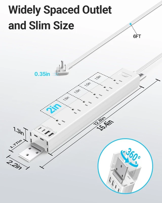 Alt view image 4 of 7 - 360° Mountable Surge Protector Power Strip with 4 USB Ports (2 USB C), 6 FT Electrical Outlet & Flat Plug Extension Cord for Under Desk, Wall, or Corner Mount - White