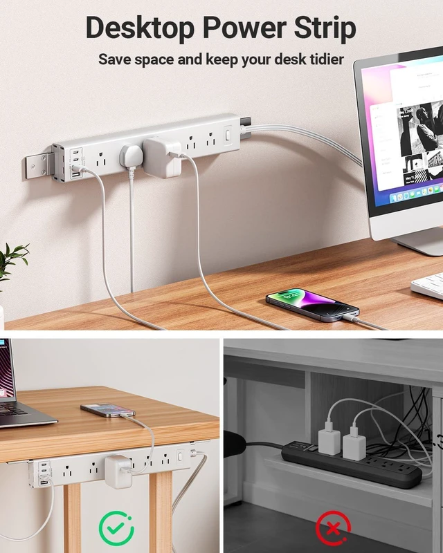 Alt view image 6 of 7 - 360° Mountable Surge Protector Power Strip with 4 USB Ports (2 USB C), 6 FT Electrical Outlet & Flat Plug Extension Cord for Under Desk, Wall, or Corner Mount - White