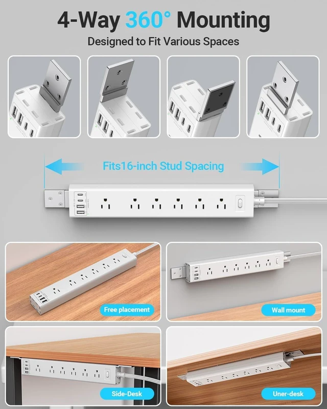 Alt view image 5 of 7 - 360° Mountable Surge Protector Power Strip with 4 USB Ports (2 USB C), 6 FT Electrical Outlet & Flat Plug Extension Cord for Under Desk, Wall, or Corner Mount - White
