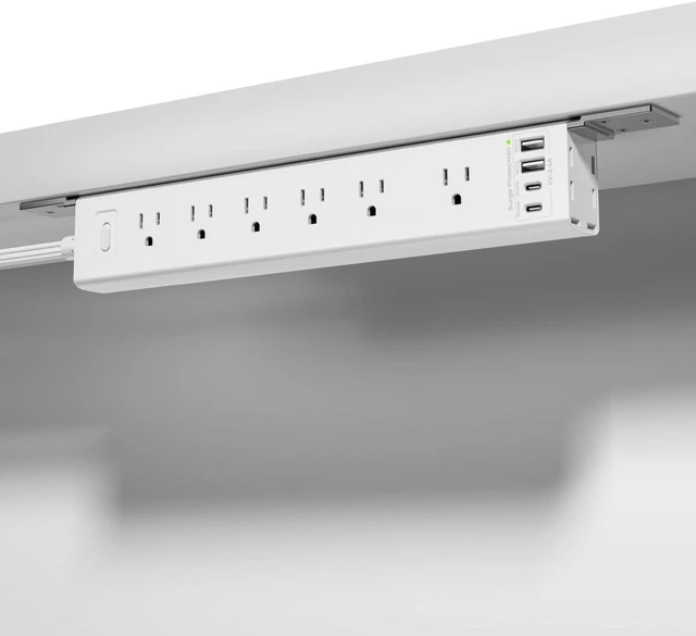 Main image of 360° Mountable Surge Protector Power Strip with 4 USB Ports (2 USB C), 6 FT Electrical Outlet & Flat Plug Extension Cord for Under Desk, Wall, or Corner Mount - White