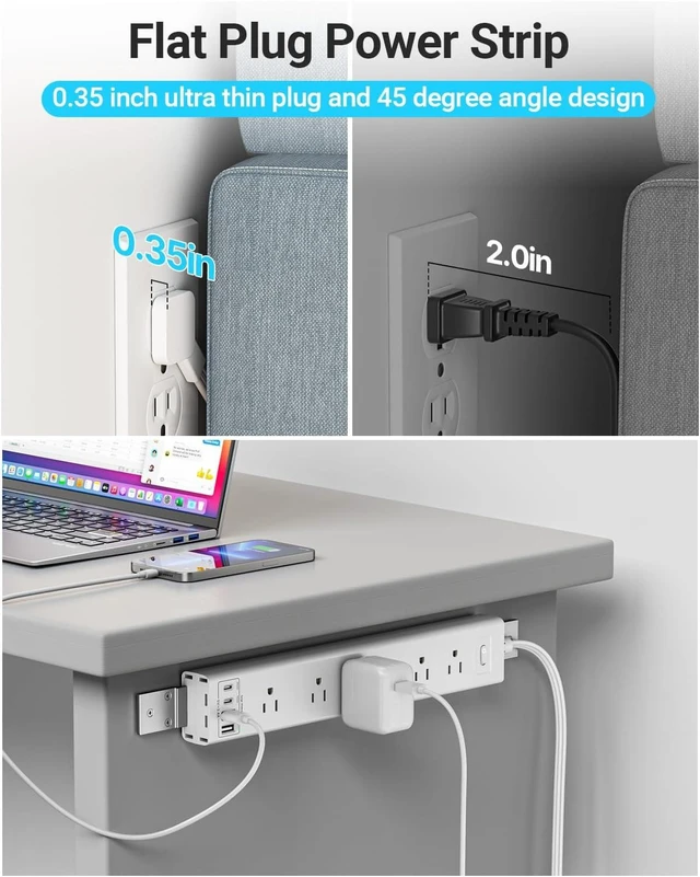 Alt view image 3 of 7 - 360° Mountable Surge Protector Power Strip with 4 USB Ports (2 USB C), 6 FT Electrical Outlet & Flat Plug Extension Cord for Under Desk, Wall, or Corner Mount - White