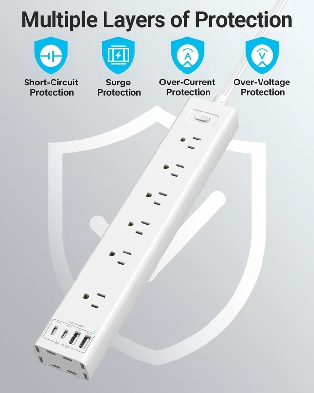 Alt view image 2 of 7 - 360° Mountable Surge Protector Power Strip with 4 USB Ports (2 USB C), 6 FT Electrical Outlet & Flat Plug Extension Cord for Under Desk, Wall, or Corner Mount - White