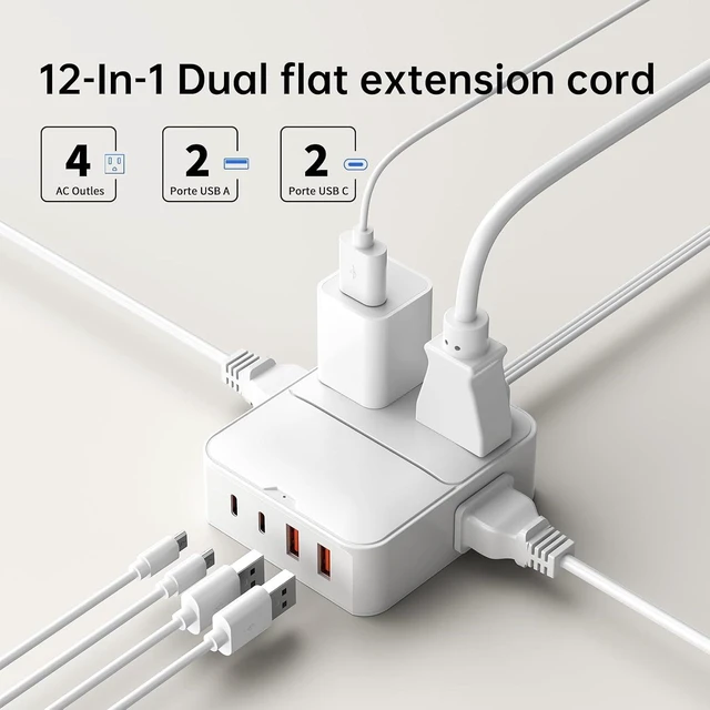 Alt view image 3 of 7 - Split Extension Cord 12FT(6FT Per Side) - Single 4 AC & 4 USB Ports, 16-in-1 Twin Flat Plug Power Strip for Bedroom, Dual Flat Outlet Extender - Bedside Charging Station for Travel, Dorm, Office