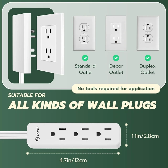 Alt view image 4 of 7 - Outlet Cover with Flat Extension Cord, 3-Outlet Extender, Universal Outlet Cover Design, Flat Extension Cord, 3-Outlet Outlet Extender, Ideal for Home, Kitchen & Office, 5ft