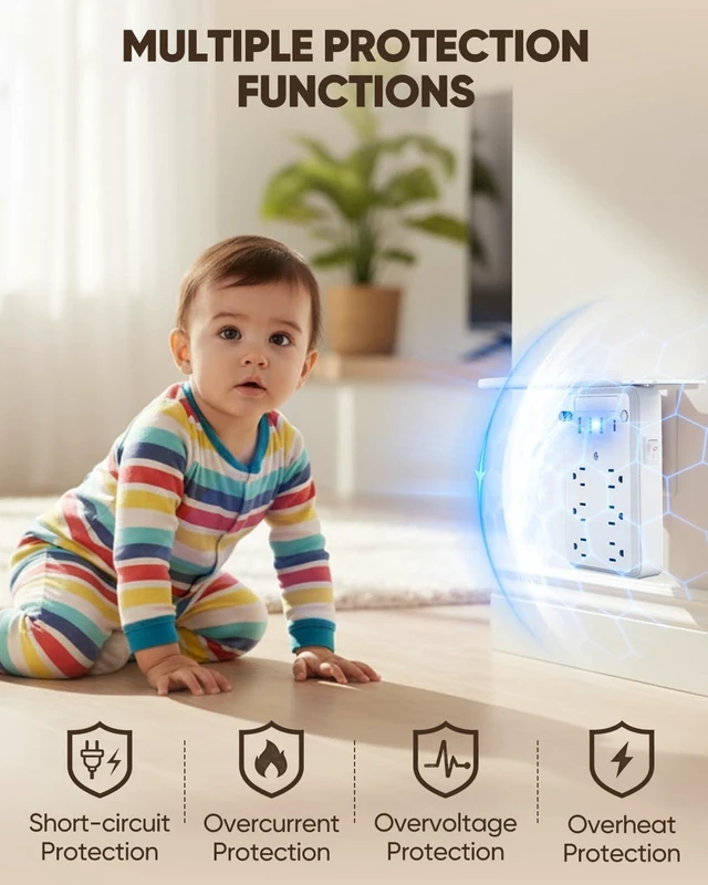 Alt view image 7 of 7 - Outlet Extender with Night Light, 6 AC, 4 USB, Surge Protector, 6 AC Outlets + 4 USB Ports, Built-In Night Light, Surge Protection, Convenient Outlet Shelf, 1 USB-C Fast Charging Port