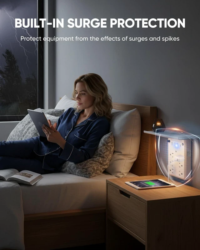 Alt view image 4 of 7 - Outlet Extender with Night Light, 6 AC, 4 USB, Surge Protector, 6 AC Outlets + 4 USB Ports, Built-In Night Light, Surge Protection, Convenient Outlet Shelf, 1 USB-C Fast Charging Port