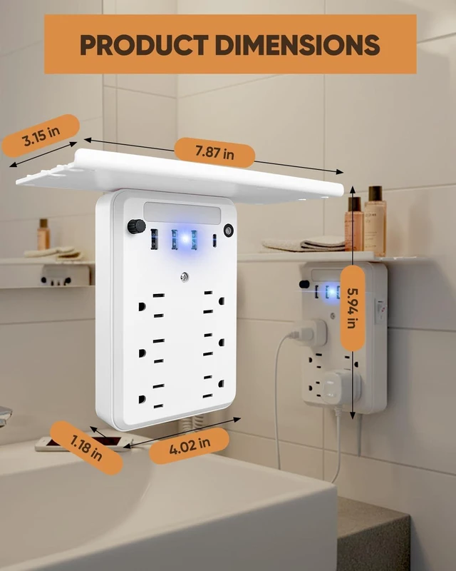 Alt view image 3 of 7 - Outlet Extender with Night Light, 6 AC, 4 USB, Surge Protector, 6 AC Outlets + 4 USB Ports, Built-In Night Light, Surge Protection, Convenient Outlet Shelf, 1 USB-C Fast Charging Port