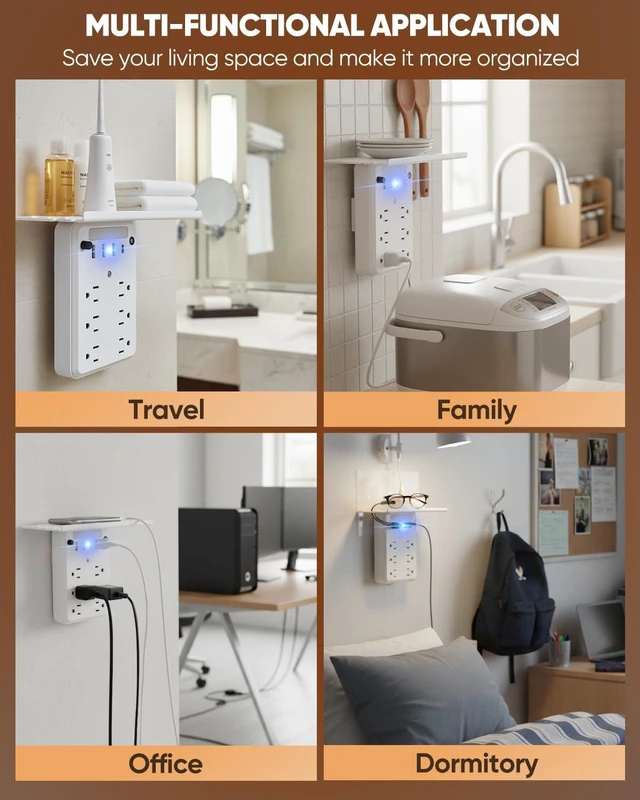 Alt view image 5 of 7 - Outlet Extender with Night Light, 6 AC, 4 USB, Surge Protector, 6 AC Outlets + 4 USB Ports, Built-In Night Light, Surge Protection, Convenient Outlet Shelf, 1 USB-C Fast Charging Port