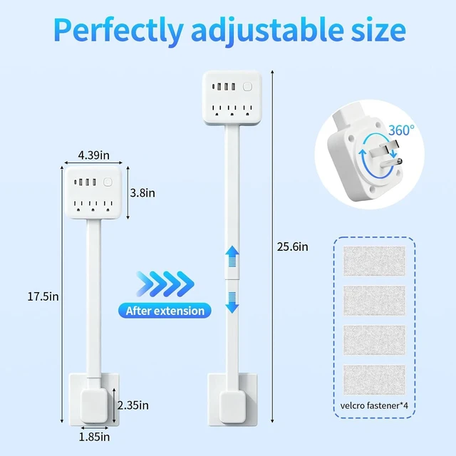 Alt view image 5 of 7 - 180° Rotating Outlet Extender Stick with 3 AC & 4 USB, Telescopic Extension, Behind Couch Space Saving, Surge Protector, 6-in-1 Multi Plug Wall Splitter Charging Station