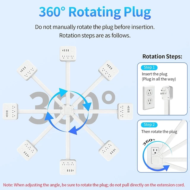 Alt view image 6 of 7 - 180° Rotating Outlet Extender Stick with 3 AC & 4 USB, Telescopic Extension, Behind Couch Space Saving, Surge Protector, 6-in-1 Multi Plug Wall Splitter Charging Station