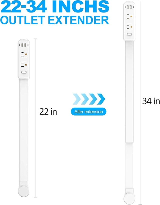Alt view image 2 of 7 - Outlet Extender Stick, Power Strip with 6 Outlets & 4 USB Ports, Extends 22"-34", Rotates 180°(90° per Side), Home Dorm Essential for Nightstand, Couch and Desk