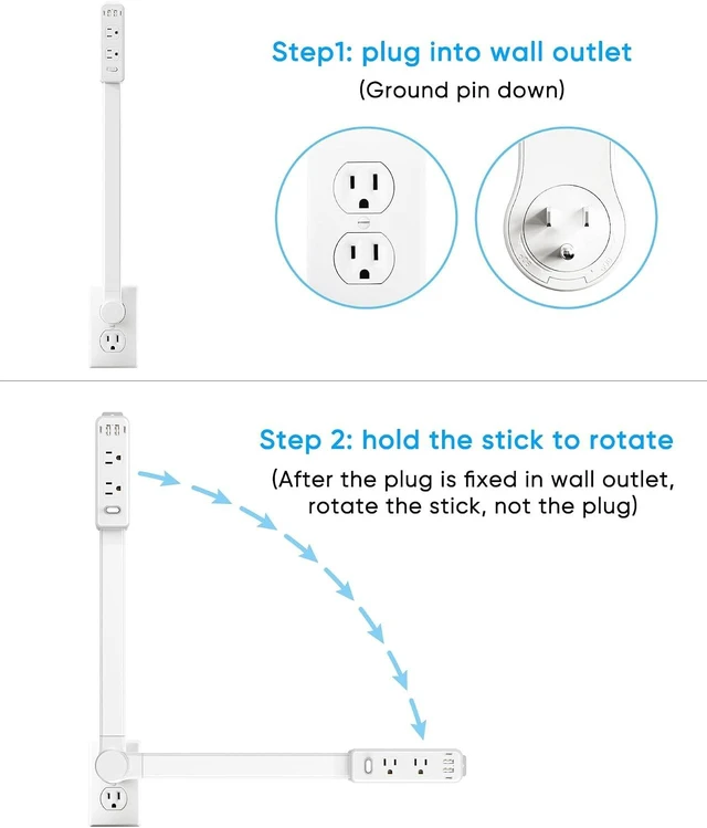 Alt view image 6 of 7 - Outlet Extender Stick, Power Strip with 6 Outlets & 4 USB Ports, Extends 22"-34", Rotates 180°(90° per Side), Home Dorm Essential for Nightstand, Couch and Desk