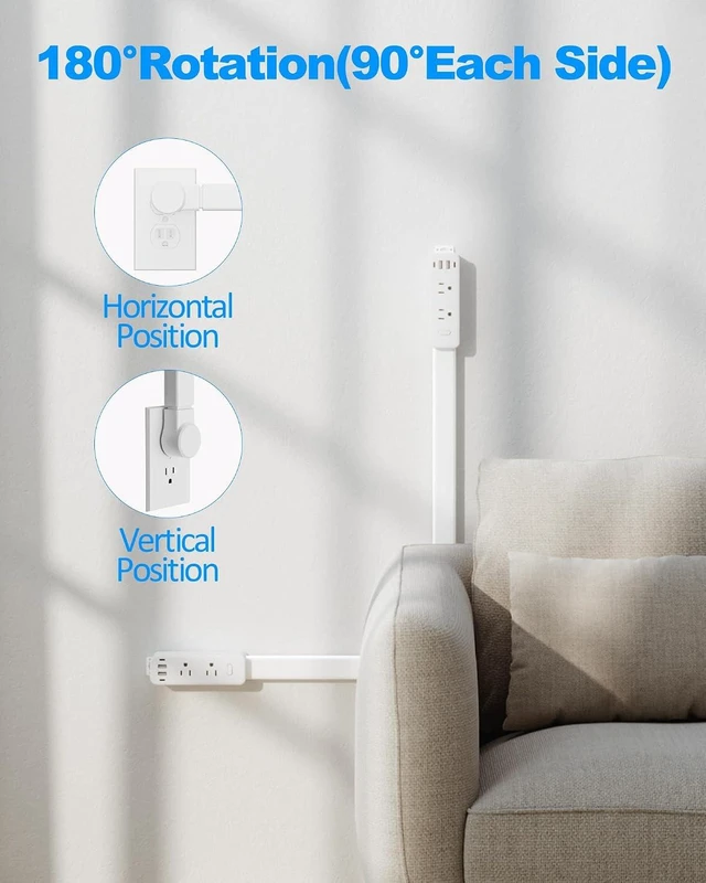 Alt view image 5 of 7 - Outlet Extender Stick, Power Strip with 6 Outlets & 4 USB Ports, Extends 22"-34", Rotates 180°(90° per Side), Home Dorm Essential for Nightstand, Couch and Desk