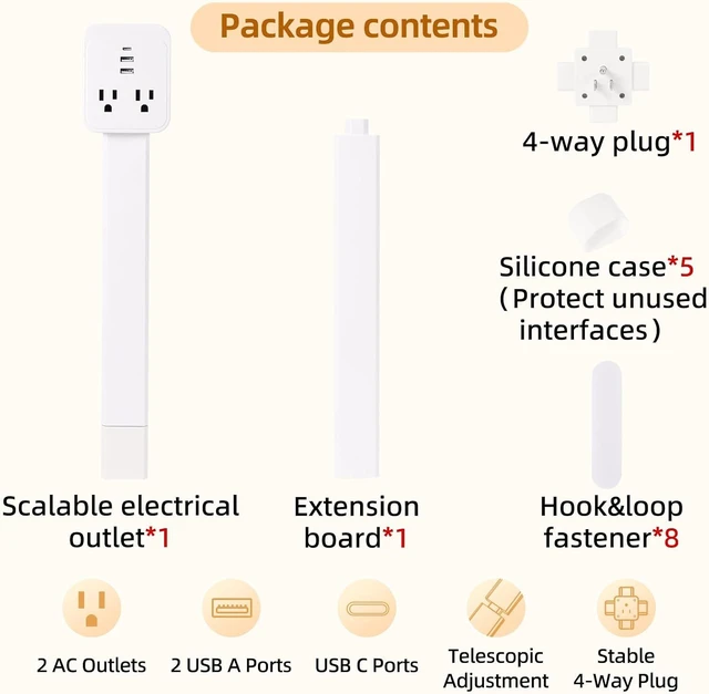 Alt view image 7 of 7 - 17-41in Outlet Extender,Upgrade Stable USB-C&USB-A Wall Outlet Extender Made of Fire Resistant Material,Wall Plug Extender Anti Wire Clutter, 4 Fixed Angles Suit for Outlet Behind Desk, Sofa(White)