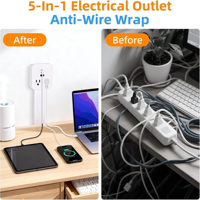 Alt view image 5 of 7 - 17-41in Outlet Extender,Upgrade Stable USB-C&USB-A Wall Outlet Extender Made of Fire Resistant Material,Wall Plug Extender Anti Wire Clutter, 4 Fixed Angles Suit for Outlet Behind Desk, Sofa(White)