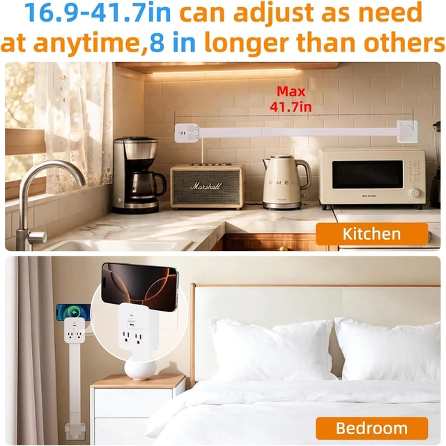 Alt view image 2 of 7 - 17-41in Outlet Extender,Upgrade Stable USB-C&USB-A Wall Outlet Extender Made of Fire Resistant Material,Wall Plug Extender Anti Wire Clutter, 4 Fixed Angles Suit for Outlet Behind Desk, Sofa(White)