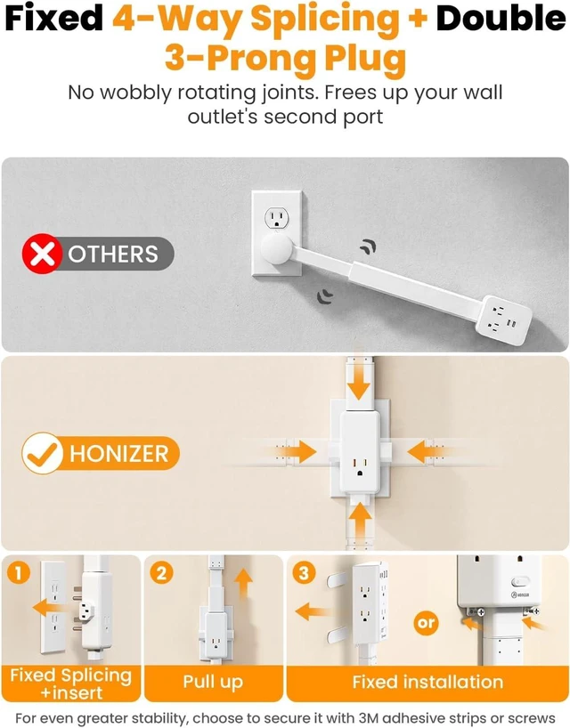 Alt view image 3 of 7 - Flat Outlet Extender Stick, 6 Widely Outlets,20W USBC,Extendable 11.6"-35.4", Adjustable Wall Outlet for Behind Couch Bed TV Dresser Desk Dorm,3 Side Plug Outlet&Phone Ledge,Sag-Free 4 Way Fixed,4 USB
