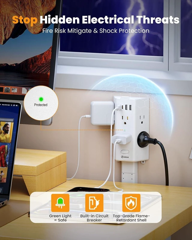 Alt view image 4 of 7 - Flat Outlet Extender Stick, 6 Widely Outlets,20W USBC,Extendable 11.6"-35.4", Adjustable Wall Outlet for Behind Couch Bed TV Dresser Desk Dorm,3 Side Plug Outlet&Phone Ledge,Sag-Free 4 Way Fixed,4 USB