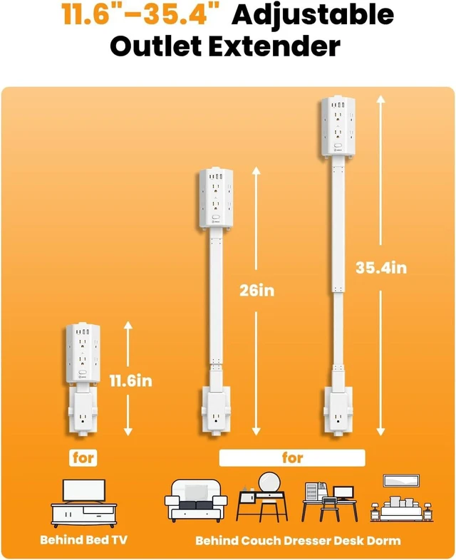 Alt view image 7 of 7 - Flat Outlet Extender Stick, 6 Widely Outlets,20W USBC,Extendable 11.6"-35.4", Adjustable Wall Outlet for Behind Couch Bed TV Dresser Desk Dorm,3 Side Plug Outlet&Phone Ledge,Sag-Free 4 Way Fixed,4 USB