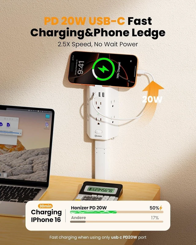 Alt view image 6 of 7 - Flat Outlet Extender Stick, 6 Widely Outlets,20W USBC,Extendable 11.6"-35.4", Adjustable Wall Outlet for Behind Couch Bed TV Dresser Desk Dorm,3 Side Plug Outlet&Phone Ledge,Sag-Free 4 Way Fixed,4 USB