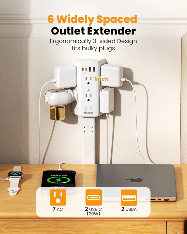 Alt view image 5 of 7 - Flat Outlet Extender Stick, 6 Widely Outlets,20W USBC,Extendable 11.6"-35.4", Adjustable Wall Outlet for Behind Couch Bed TV Dresser Desk Dorm,3 Side Plug Outlet&Phone Ledge,Sag-Free 4 Way Fixed,4 USB