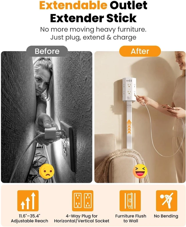 Alt view image 2 of 7 - Flat Outlet Extender Stick, 6 Widely Outlets,20W USBC,Extendable 11.6"-35.4", Adjustable Wall Outlet for Behind Couch Bed TV Dresser Desk Dorm,3 Side Plug Outlet&Phone Ledge,Sag-Free 4 Way Fixed,4 USB