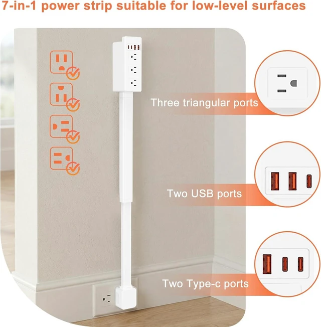Alt view image 2 of 7 - Electrical Outlet Extender Stick, 7-in-1, 360° Rotating, 17"-26" Extends - (3 AC Outlets, 2 USB-C & 2 USB-A) - for Outlets Behind Sofas, Nightstands, Desks, Office Desks & More
