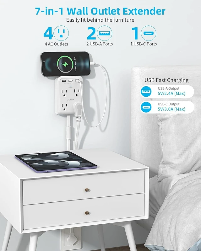 Alt view image 4 of 7 - Short Power Strip 3FT, Outlet Extender Stick, Flat Wall Extension Cord, 4 AC Outlet, 3 USB Ports(1 Type C), Plug Extension Outlet, Small Surge Protector for Home Office Dorm Apartment